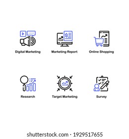 Digital Marketing Icon Set, Line Style. Survey, Research, Target And More. Editable Stroke In Blue And Black Color