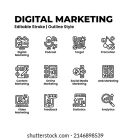Digital Marketing Icon Set Line Style. Promotion, Content Marketing, Video Marketing And More. Design Element Vector Illustration