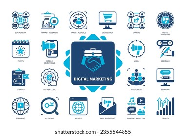 Digital Marketing icon set. Market Research, Viral, Mobile Advertising, Growth, Pay per Click, Sharing, Social Media, Strategy. Duotone color solid icons