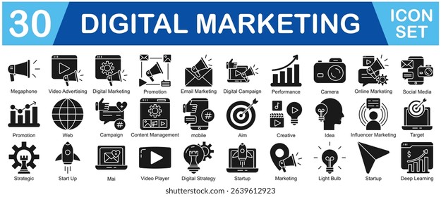 Digital Marketing Icon Set With Megaphone, Video Advertising, Digital Marketing, Promotion, Email Marketing, Digital Campaign, Performance, Camera