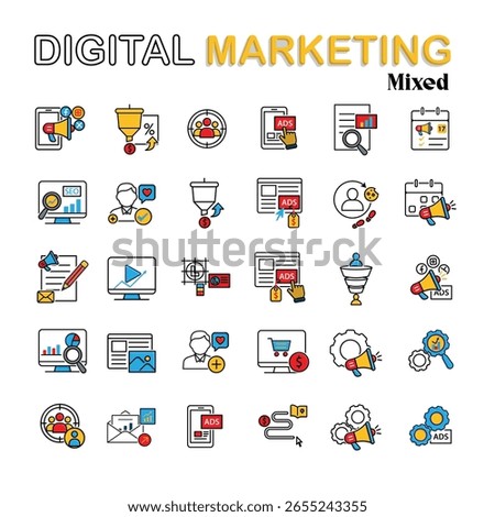 Digital marketing icon set. Mixed design style. Automated ads, Marketing Calendar, Content Marketing, SEO, and more. Product, promotion, market.