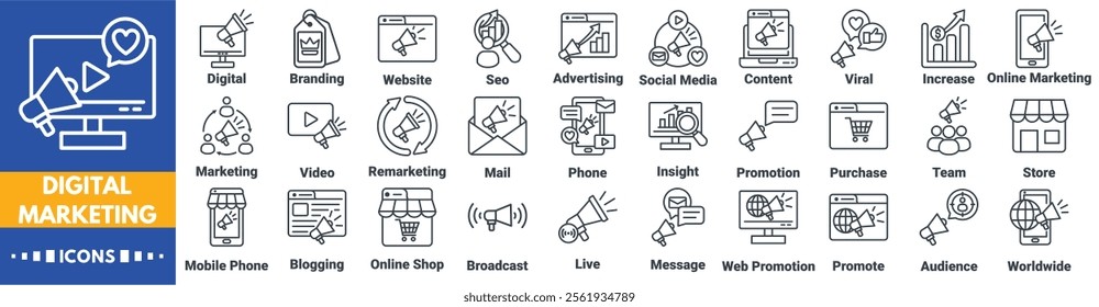 Digital Marketing icon set. mobile phone, blogging, online shop, broadcast, live, message, web promotion, promote, audience, worldwide, marketing, video, remarketing, mail, phone, insight, promotion