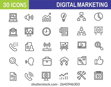 Digital Marketing icon set. Online promotion and advertising related line icons. SEO, email, social media, analytics, content, campaign, , branding, conversion, mobile and marketing . Editable stroke.