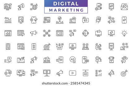 Digital marketing icon set. Search Engine Optimization outline icons collection. Website, search, mail, analysis, content, strategy, development line icon vector collection 