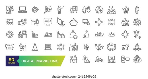 Digital Marketing icon set. SEO and promotion line icons collection. UI icon set. Thin outline icons pack.