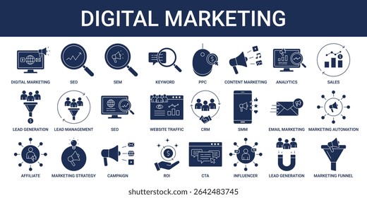 Ícone de Marketing Digital definido com SEO, SEM, PPC, SMM, CTA, funil de marketing e ícone de automação de marketing