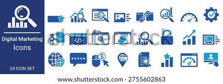Digital marketing icon set for seo data analytics web development and social media strategy