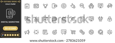 Digital marketing icon set with SEO, analytics, advertising and social media symbols modern outline vector collection