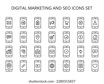 Juego de iconos de marketing digital, smartphone, teléfono móvil, teléfono móvil, comunicaciones, conjunto de iconos de marketing de medios sociales, iconos de SEO, iconos de esquema con color blanco y negro para elementos de diseño