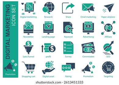 Digital marketing icon set. solid icon style. containing icon shopping cart, advertising, profit and more. business element vector illustration