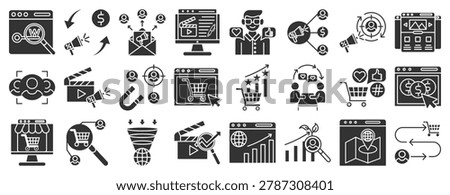 Digital marketing icon set. Solid icon including seo, marketing, ecommerce, online shopping, online store, sales, content marketing, web analytics, lead generation, pay per click, website