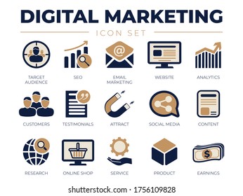 Digital Marketing Icon Set. Target Audience, SEO, Email Marketing, Website, Analytics, Customers, Testimonials, Attract, Social Media, Content, Online Shop, Service, Product, Earnings Icons