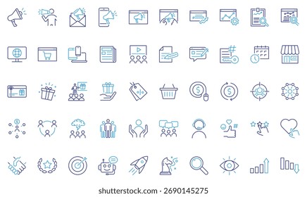Digital marketing icon set. Thin line editable stroke icons for advertising, branding, social media, content creation, email campaign, seo, analytics, e-commerce, strategy, and customer engagement.