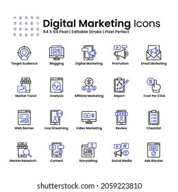 Digital Marketing Icon Set Vector Line Style. Target Audience, Promotion, Ads And More. Editable Stroke Design Element