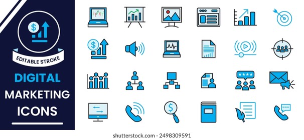 Digital marketing icon set. Digital marketing icon, vector set. Solid vector symbol collection for digital marketing. Line icon design for website, logo, app. Vector illustration. 
