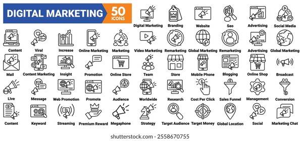 Digital Marketing icon set vector illustration concept with icon of worldwide, increase, feedback, header, seo, audience, live, mail, social media, diagram, research, marketing, analysis, team, media