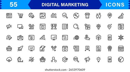 Conjunto de ícones de marketing digital em estilo vetorial com SEO, mídias sociais, análises e símbolos publicitários