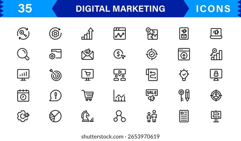 Digital Marketing Icon Set in Vector Style Featuring SEO, Social Media, Analytics, and Advertising Symbols