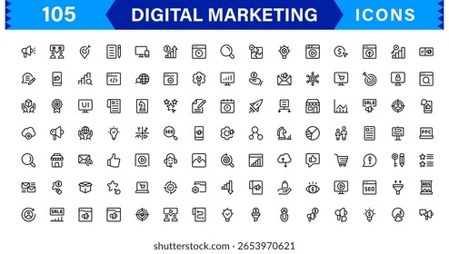 Digital Marketing Icon Set in Vector Style Featuring SEO, Social Media, Analytics, and Advertising Symbols