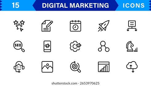 Conjunto de íconos de marketing digital en estilo de Vector con SEO, redes sociales, análisis y símbolos publicitarios