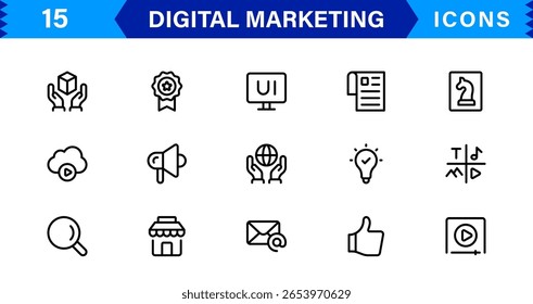 Conjunto de íconos de marketing digital en estilo de Vector con SEO, redes sociales, análisis y símbolos publicitarios