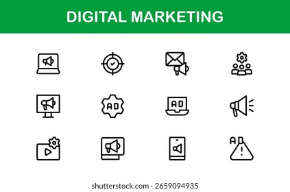 Conjunto de íconos de marketing digital en estilo de Vector con SEO, análisis, correo electrónico, redes sociales y símbolos de promoción de Web