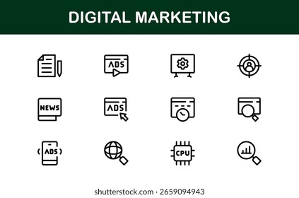 Conjunto de ícones de marketing digital no estilo vetorial com SEO, análise, e-mail, mídia social e símbolos de promoção na Web