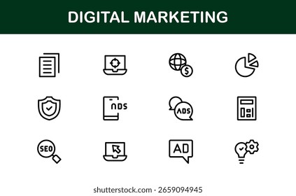 Digital Marketing Icon Set in Vector Style Featuring SEO, Analytics, Email, Social Media, and Web Promotion Symbols