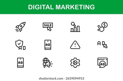 Digital Marketing Icon Set in Vector Style Featuring SEO, Analytics, Email, Social Media, and Web Promotion Symbols