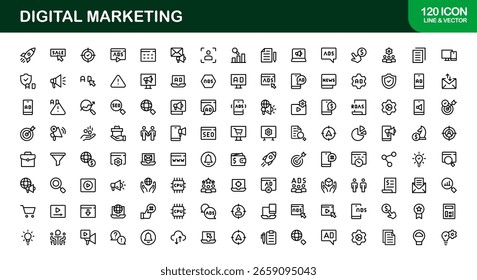 Conjunto de íconos de marketing digital en estilo de Vector con SEO, análisis, correo electrónico, redes sociales y símbolos de promoción de Web