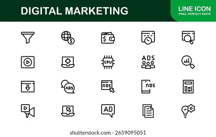 Digital Marketing Icon Set in Vector Style Featuring SEO, Analytics, Email, Social Media, and Web Promotion Symbols