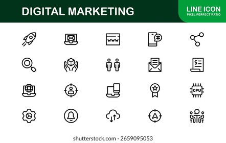 Conjunto de ícones de marketing digital no estilo vetorial com SEO, análise, e-mail, mídia social e símbolos de promoção na Web