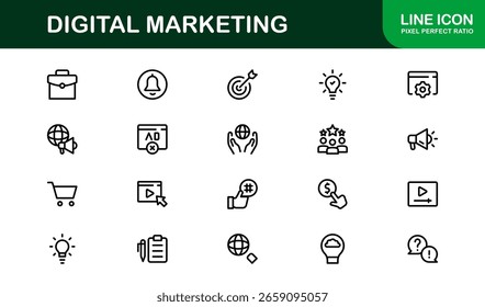 Conjunto de íconos de marketing digital en estilo de Vector con SEO, análisis, correo electrónico, redes sociales y símbolos de promoción de Web