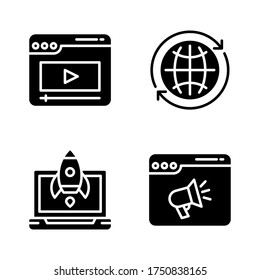 Juego de iconos de marketing digital = reproducción web, actualización de navegador, lanzamiento de cohete, publicidad