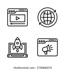 Digital marketing icon set = web play, browser refresh, rocket launch, advertising