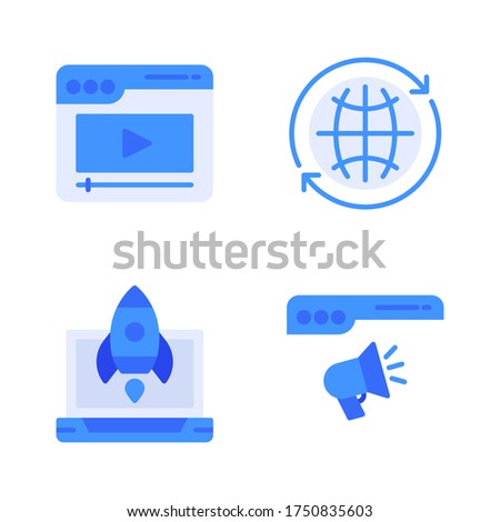 Digital marketing icon set = web play, browser refresh, rocket launch, advertising