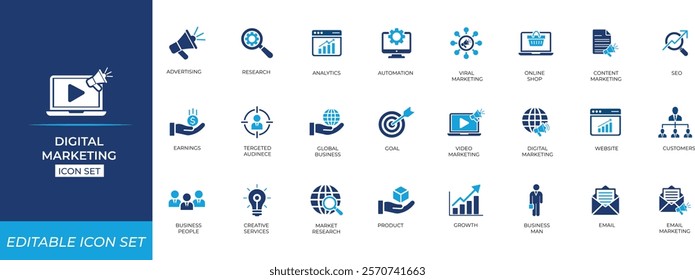 Digital marketing icon set. Website, sales, social media and online advertising. Solid vector symbol collection.