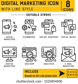 Digital marketing icon vector on isolated on background. Digital, online, campaign, share, subscription icon with line style. Icons for business, web design, ui, ux, and mobile app. Editable stroke