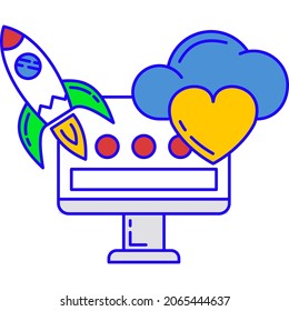 Digital marketing icon. Vector rocket launch on PC computer. Business startup online, project boost, advertising technology innovation. E-commerce concept