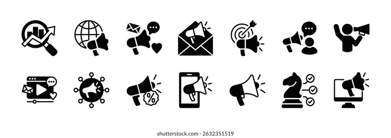 Ícone de marketing digital conjunto de vetores. Contendo seo, rede de mídia social, site, publicidade online, conteúdo, desenvolvimento, Internet, E-mail, estratégia, destino, aplicativo, vídeo de streaming, promoção