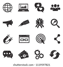 Digital Marketing Icons. Black Scribble Design. Vector Illustration.