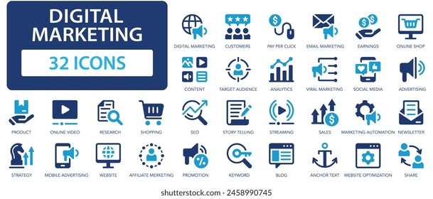 Digital marketing icons collection. Targeted and interactive marketing of goods and services set. Website, seo, social media. Simple flat vector icon.