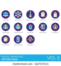 Digital marketing icons including ad blocker, viral, long range planning, paid articles, premium content, strategy, returning visitor, social, personalization, bots copywriting, user engagement.