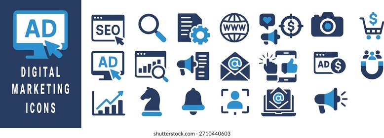 Ícones de marketing digital, incluindo tela de computador e globo de lupa do seo e vetor de carrinho de compras
