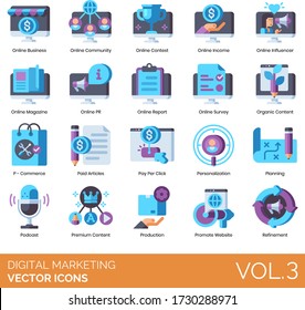 Digital marketing icons including online business, community, contest, income, influencer, magazine, PR, report, survey, organic content, p-commerce, paid articles, pay per click, personalization.