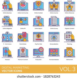 Digital marketing icons including online business, community, contest, influencer, report, survey, organic content, p-commerce, paid articles, pay per click, podcast, premium, production, refinement.