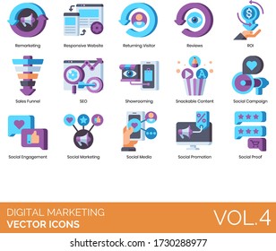 Digital marketing icons including remarketing, responsive website, returning visitor, review, ROI, sales funnel, SEO, showrooming, snackable content, campaign, engagement, social media, promotion.