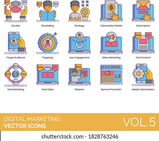Digital marketing icons including SoLoMo, storytelling, strategy, subscription model, target audience, user engagement, video, viral content, webinar, banner promotion, mobile optimization.