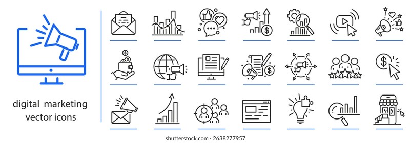 digital marketing icons, online advertising icon set, seo simple symbols, linear vector illustration, social media outline editable stroke