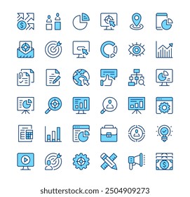 Digital marketing icons. Outline symbols. Vector blue line icons set